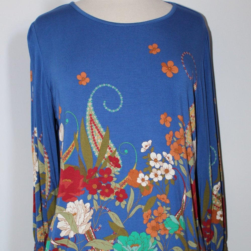 NWT Johnny Was Biya JWLA 3J Workshop Tee Bee Smocked 3/4 Sleeve Top XL L